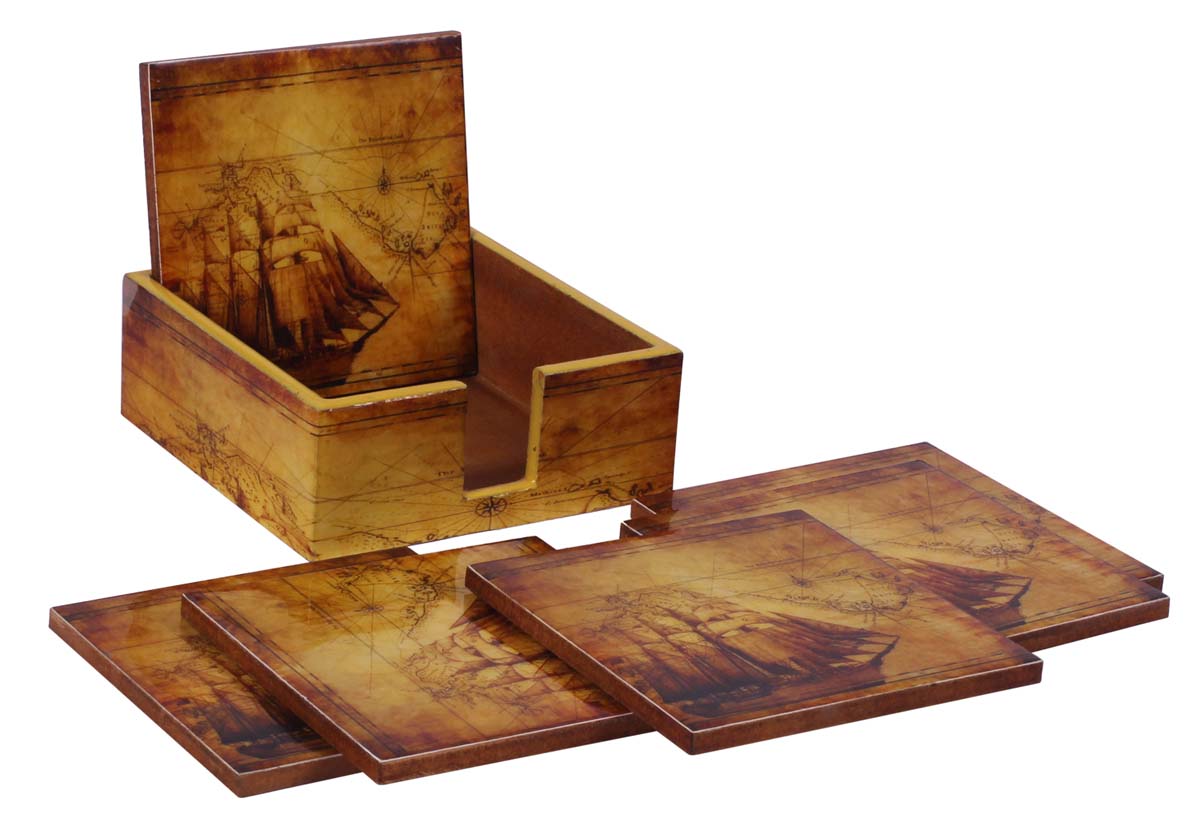 4.5” Hand-Crafted Sailing Ship Coasters with Holder - Set of 6 - Dining Table Essentials / Kitchen Accessories - Buy in Bulk Wholesale